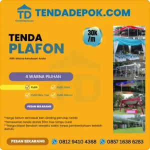 Sewa Tenda Plafon Depok untuk event Anda. Material premium, kokoh, berbagai ukuran, pemasangan profesional, cocok untuk wedding, pameran, kantor, dan berbagai event spesial. Harga mulai 30k/m²/hari. Hubungi WA 081294104368