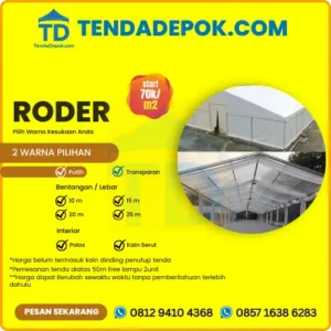 Sewa Tenda Roder Depok, berbagai tipe dan ukuran, material premium, pemasangan profesional. Cocok untuk wedding, pameran, konser, dan event besar lainnya. Harga mulai dari 70k/m²/hari. Hubungi WA 081294104368