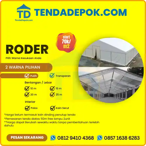 Sewa Tenda Roder Depok, berbagai tipe dan ukuran, material premium, pemasangan profesional. Cocok untuk wedding, pameran, konser, dan event besar lainnya. Harga mulai dari 70k/m²/hari. Hubungi WA 081294104368