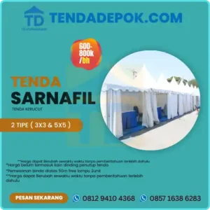 Sewa Tenda Sarnafil Depok (tenda kerucut), material premium, kapasitas fleksibel, pemasangan cepat. Cocok untuk wedding, pameran, bazaar, konser, dan acara kantor. Tersedia uk. 3x3 dan 5x5 .Harga mulai 600k/unit/hari. Hubungi WA 081294104368